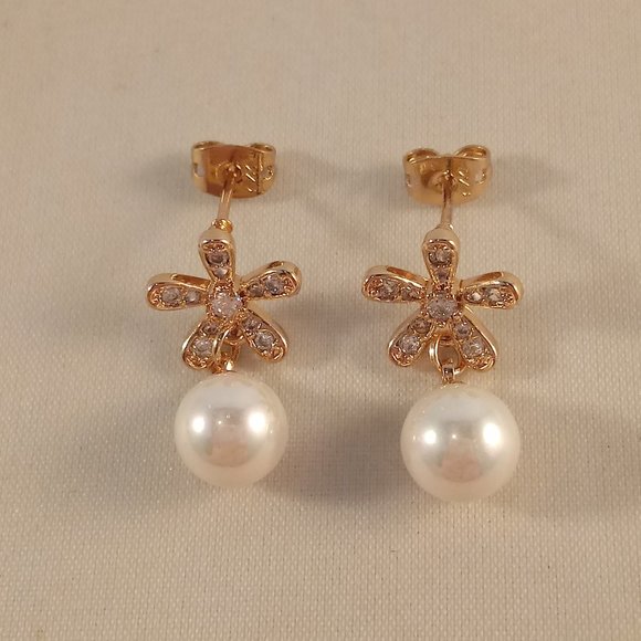 18K Yellow Gold Filled Star Flower Diamond Zircon Pearl Dangle Stud Earrings - Picture 2 of 4